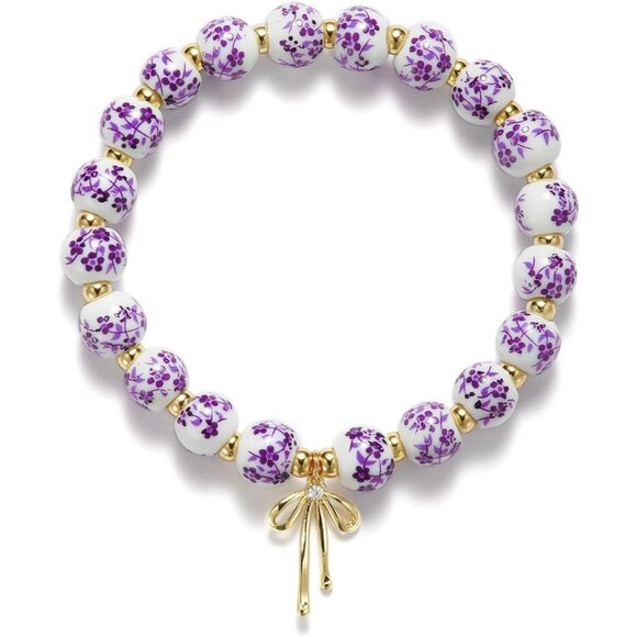 Purple Flower Handmade Stretch Dainty Bead Bow Charm Bracelet for Women - Picture 1 of 1